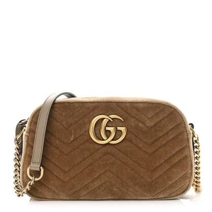 Gucci Velvet Matelasse Small GG Marmont Chain Shoulder Bag Taupe 1 of 11