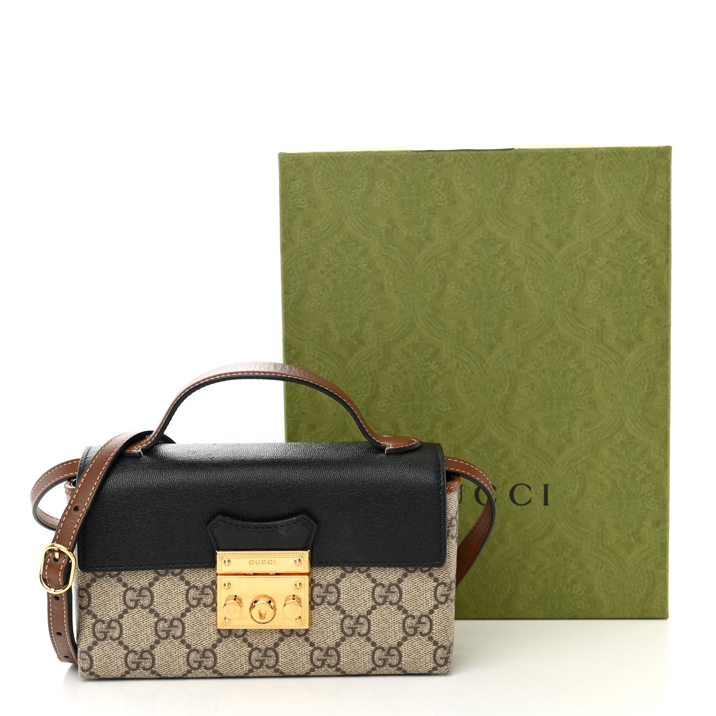 GG Supreme Monogram Calfskin Mini Padlock Top Handle Shoulder Bag Beige Black Cuir