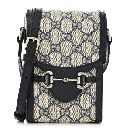 Gucci GG Supreme Monogram Textured Dollar Calfskin Mini Horsebit 1955 Crossbody Bag Beige Blue 1 of 10