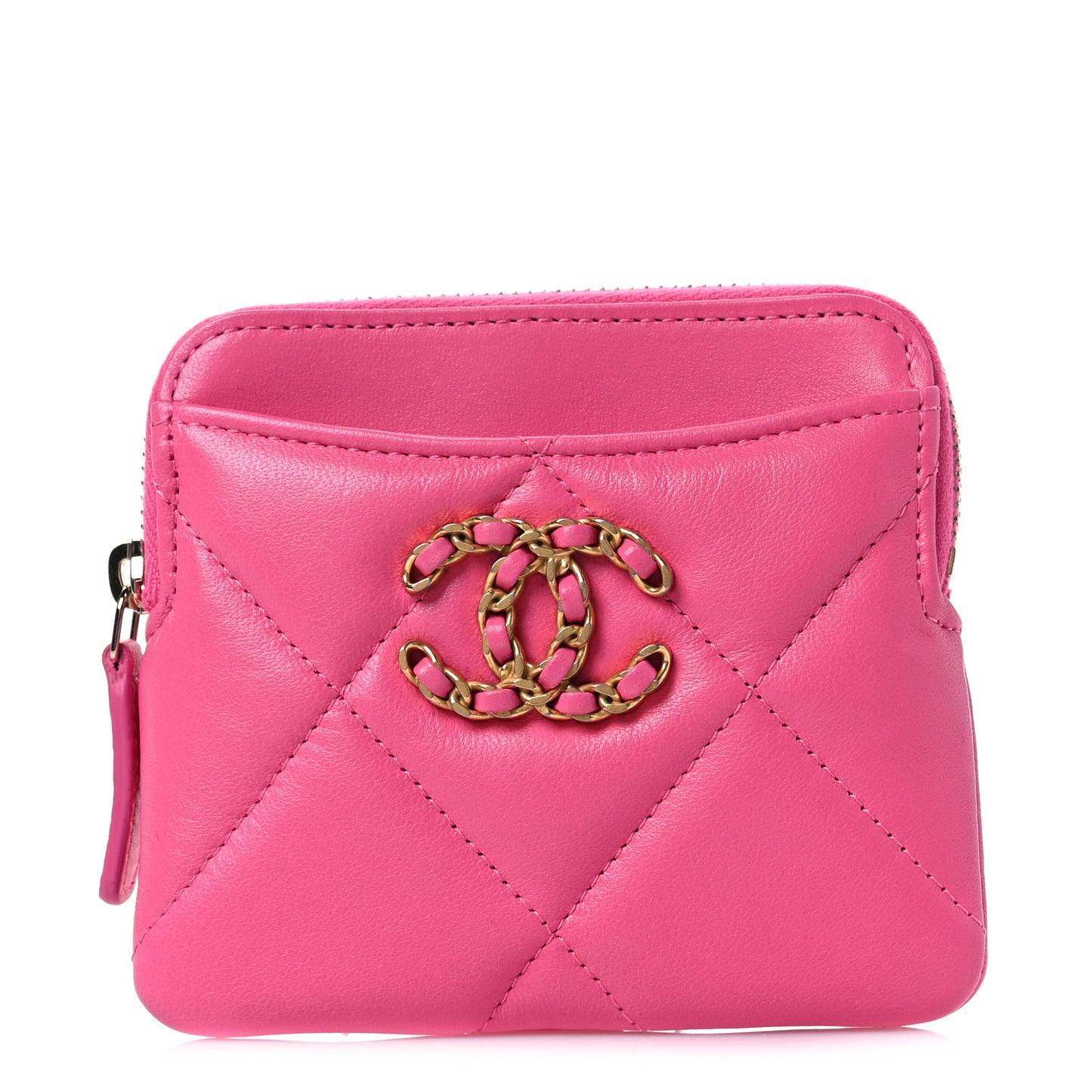 Lambskin Quilted Chanel 19 Zip Card Holder Wallet Pink