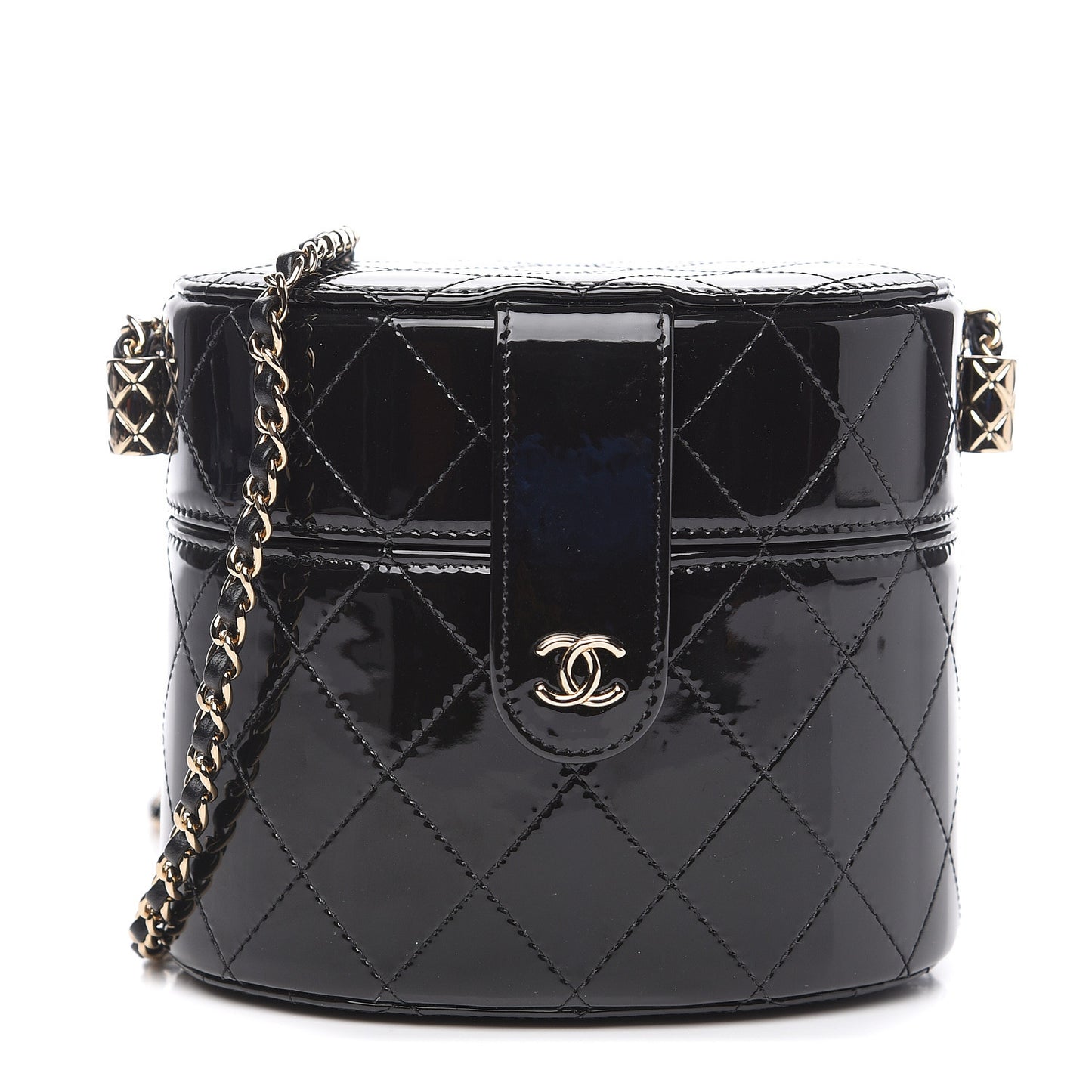 Patent Quilted Round Clutch With Chain Black