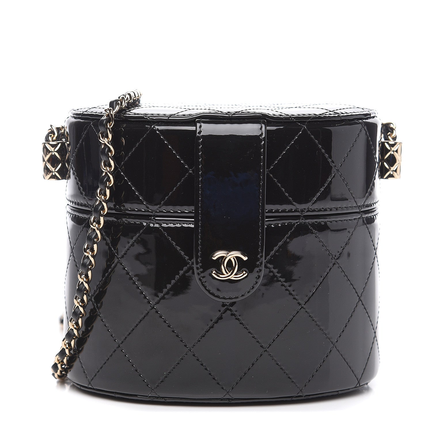 Chanel Patent Quilted Round Clutch With Chain Black 1 of 10