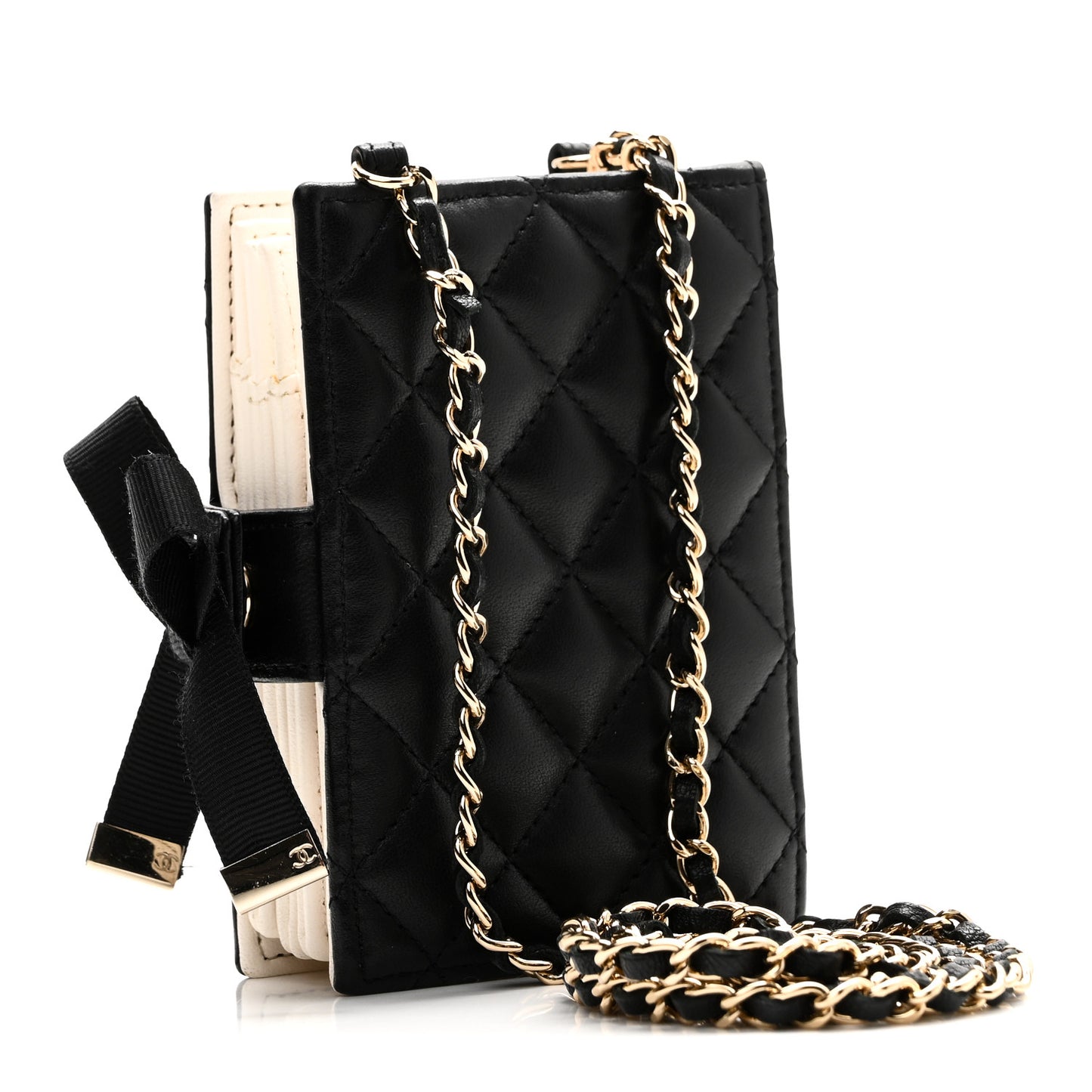 Lambskin Quilted Book Card Holder on Chain Black