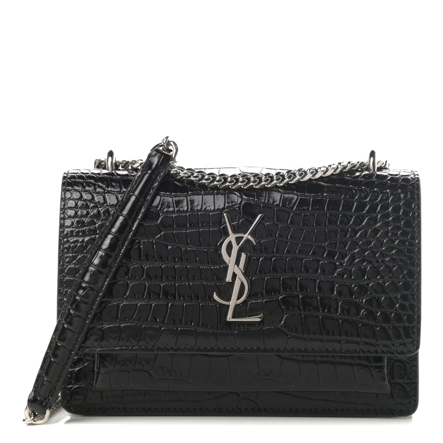 Calfskin Crocodile Embossed Monogram Sunset Chain Wallet Black