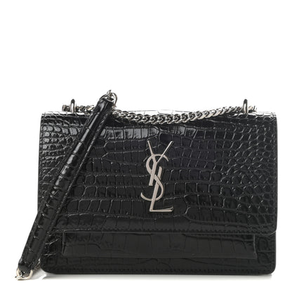 Saint Laurent Calfskin Crocodile Embossed Monogram Sunset Chain Wallet Black 1 of 9