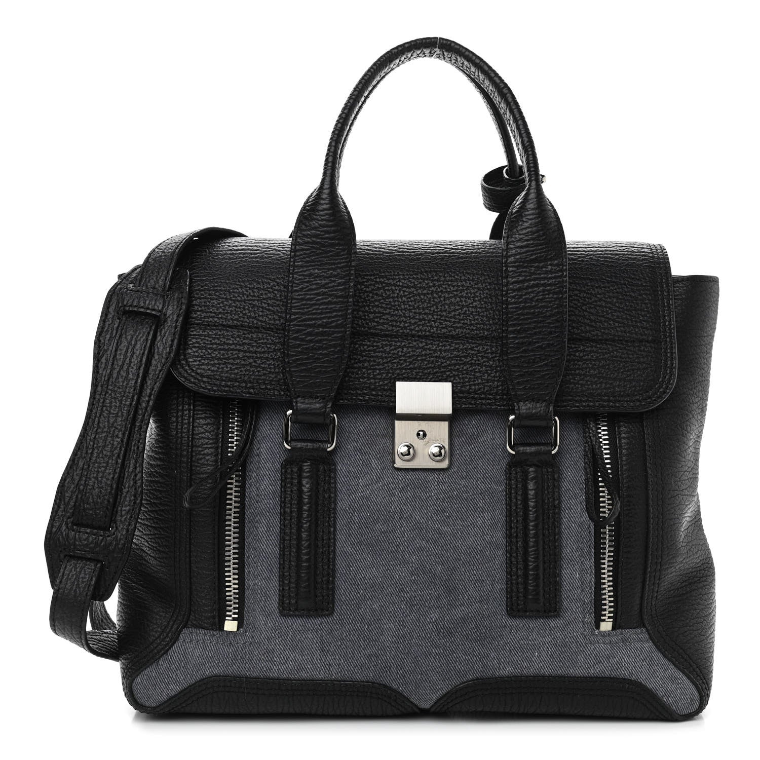 3.1 Phillip Lim Textured Calfskin Denim Medium Pashli Satchel Black 1 of 12