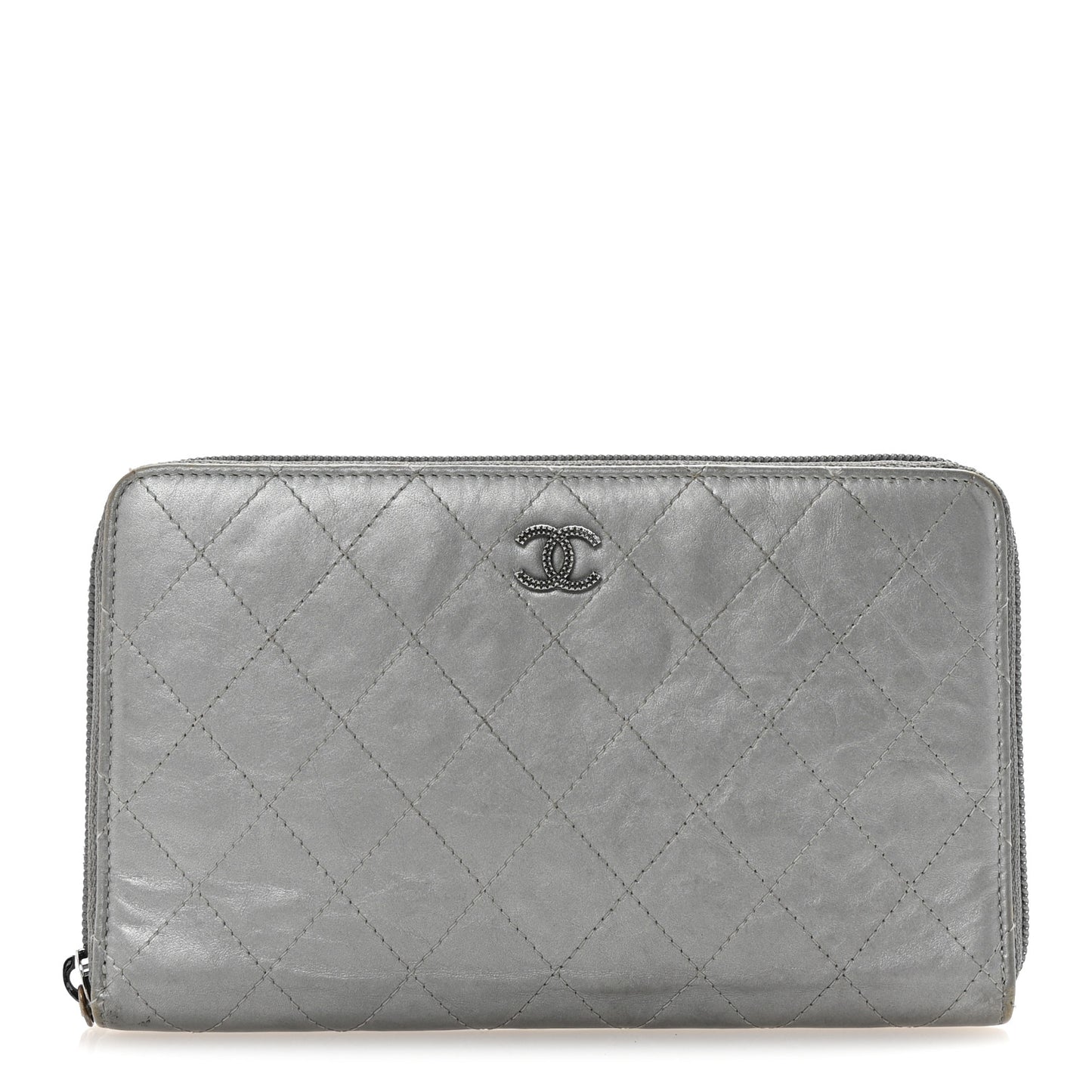 Metallic Aged Calfskin Quilted Palette Large Zip Around Organizer Wallet Silver