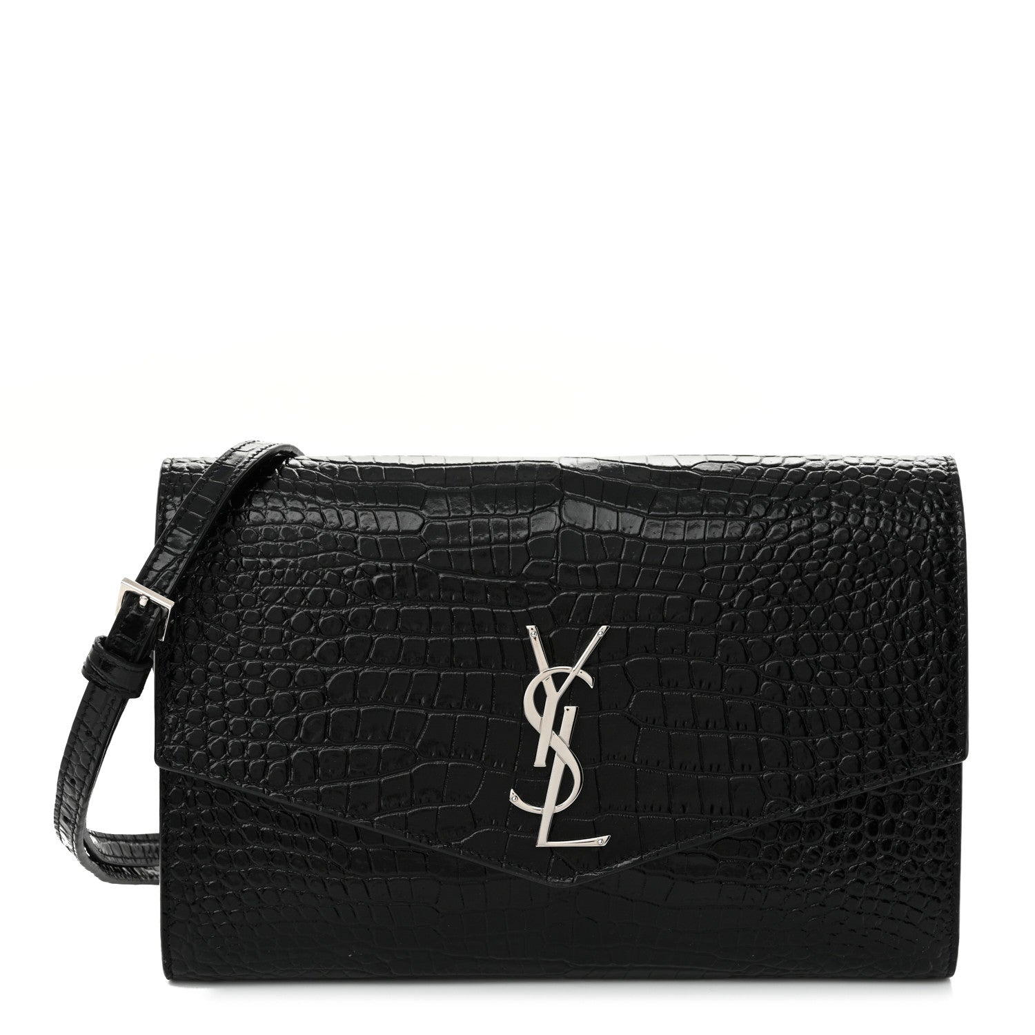 Saint Laurent Calfskin Crocodile Embossed Monogram Uptown Crossbody Black 1 of 11