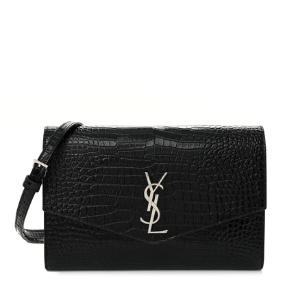 Saint Laurent Calfskin Crocodile Embossed Monogram Uptown Crossbody Black 1 of 11
