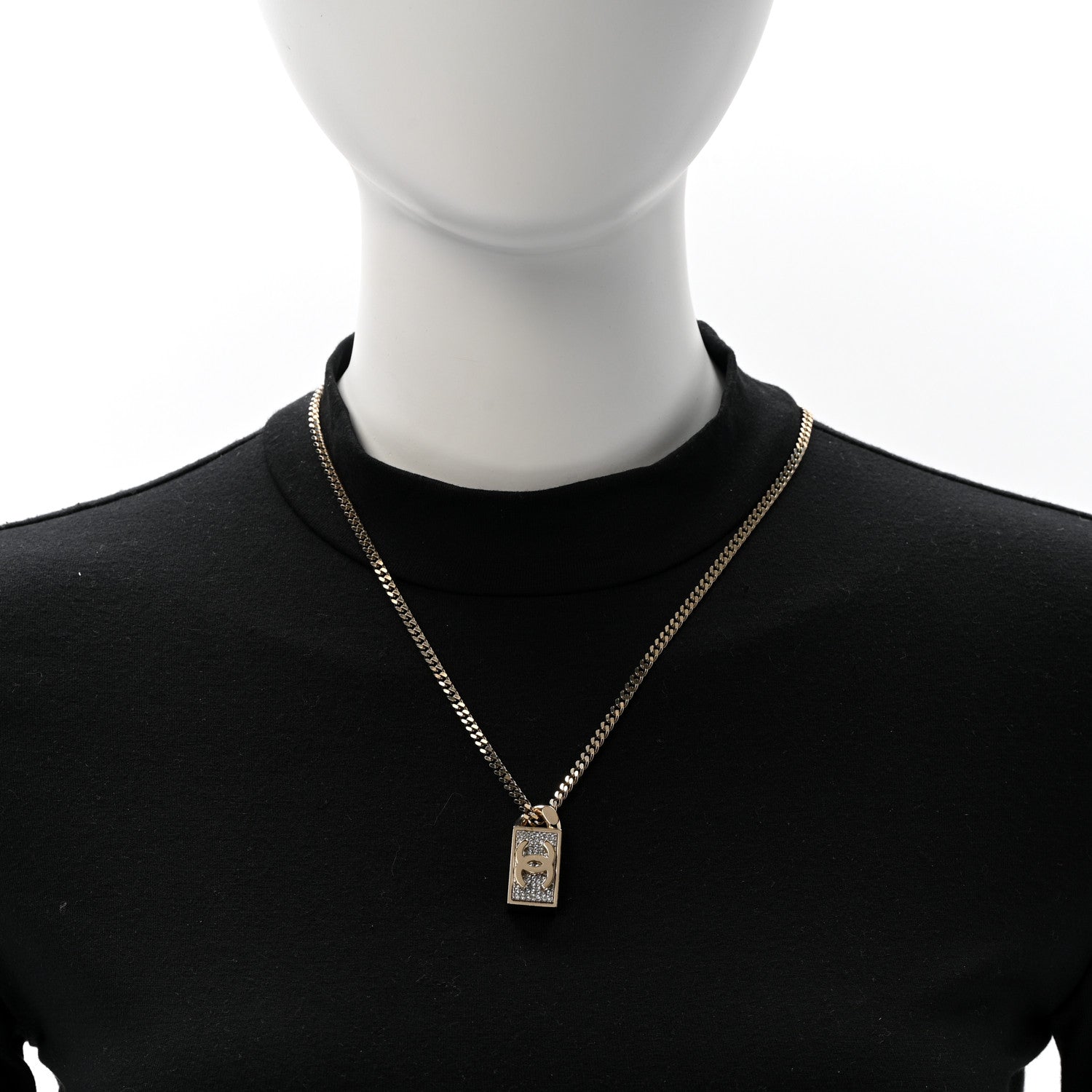 Chanel Crystal Dog Tag Charm Necklace Gold 2 of 7