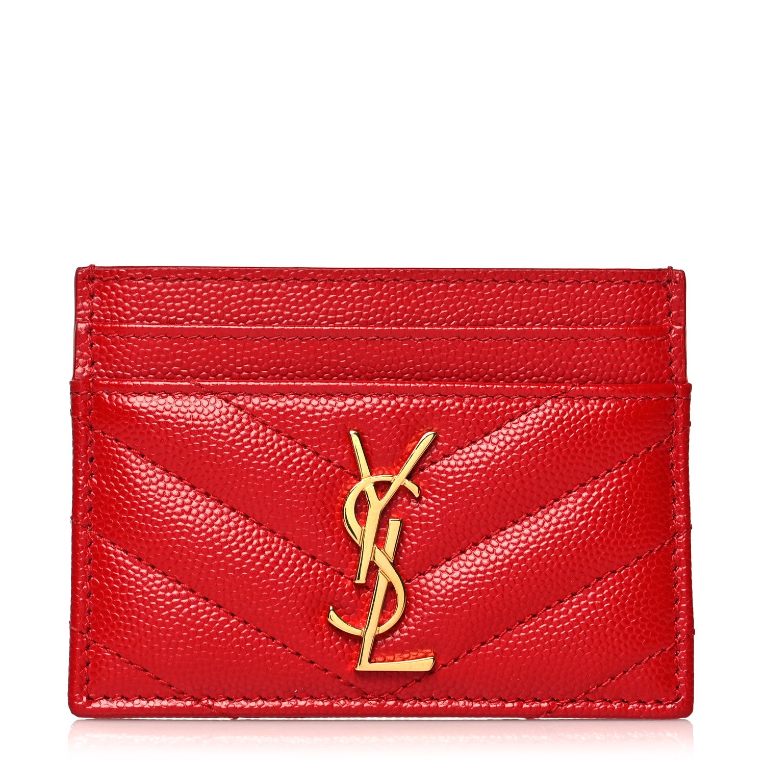 Saint Laurent Grain De Poudre Matelasse Chevron Monogram Credit Card Case New Red 1 of 7