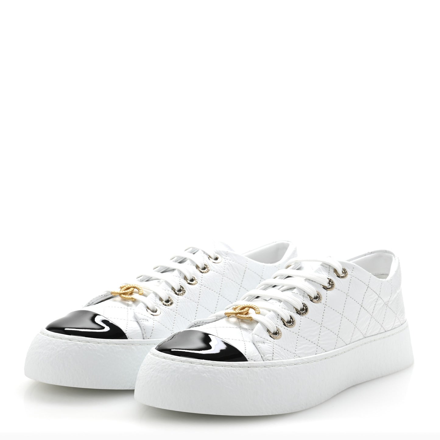 Crumpled Lambskin Patent Cap Toe CC Stitched Sneakers 41 White Black