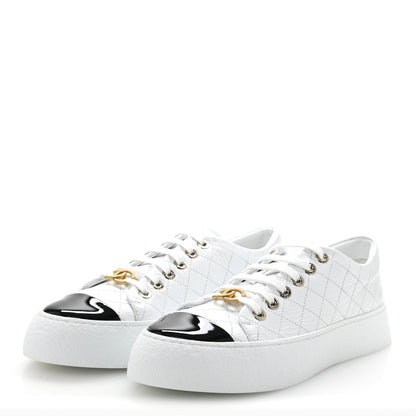 Chanel Crumpled Lambskin Patent Cap Toe CC Stitched Sneakers 41 White Black 4 of 10