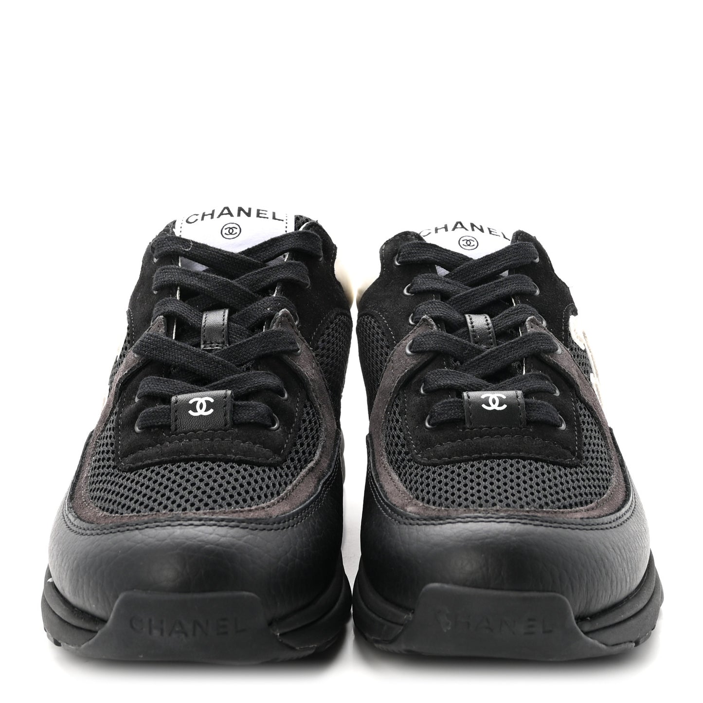 Mesh Suede Grained Calfskin Womens CC Sneakers 37.5 Black White