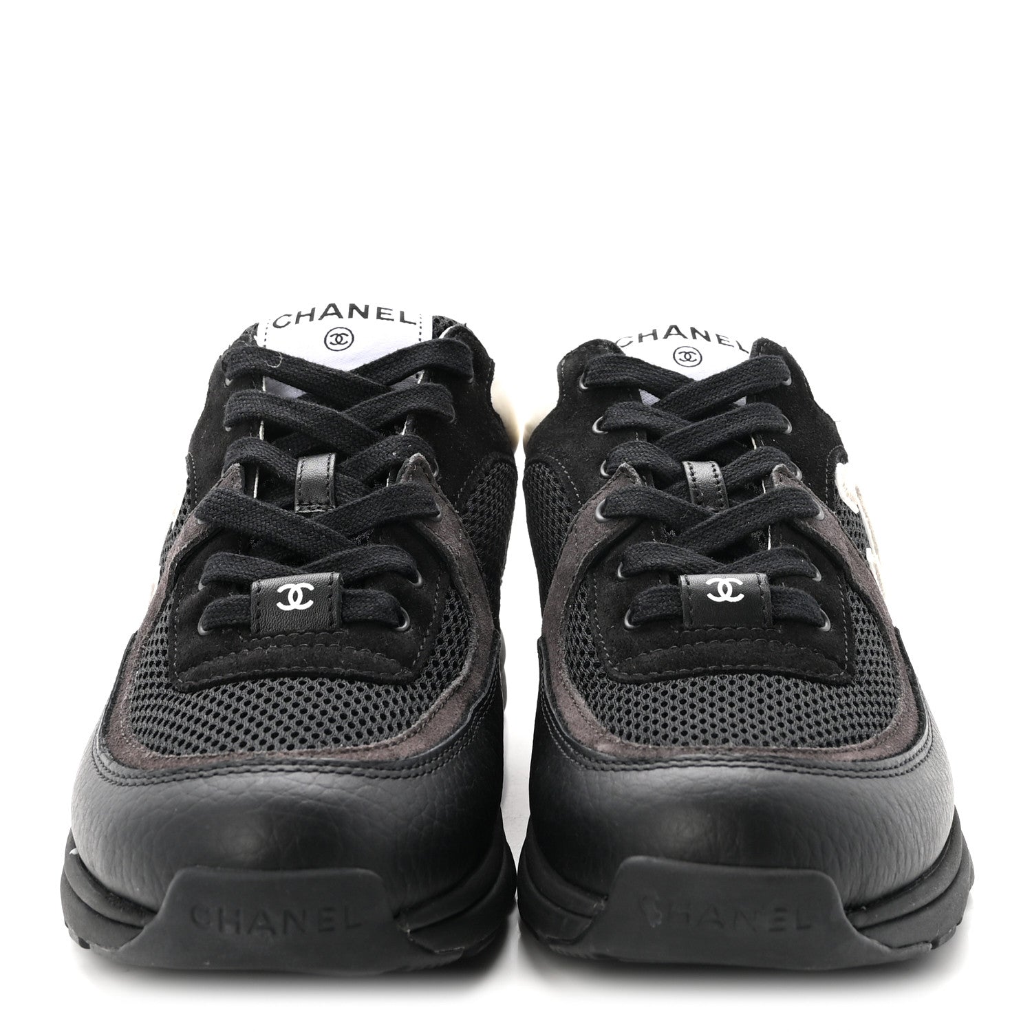 Chanel Mesh Suede Grained Calfskin Womens CC Sneakers 37.5 Black White 3 of 10
