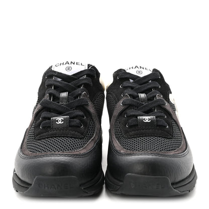Chanel Mesh Suede Grained Calfskin Womens CC Sneakers 37.5 Black White 3 of 10