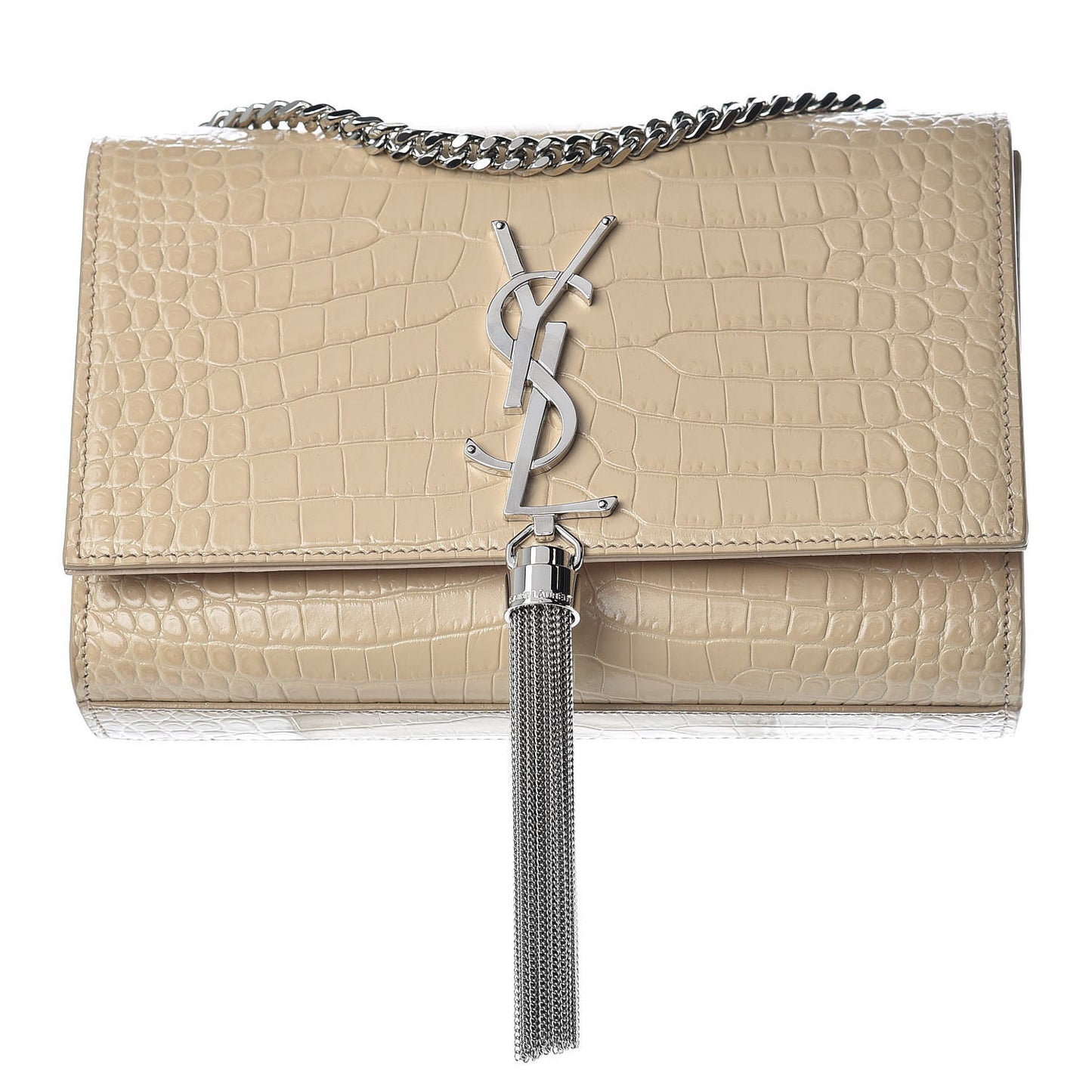 Croc Calfskin Embossed Small Classic Monogram Kate Tassel Satchel Beige