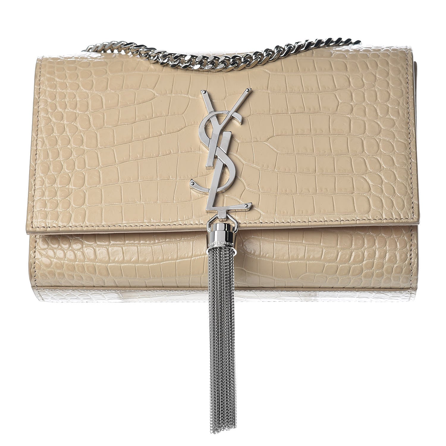 Saint Laurent Croc Calfskin Embossed Small Classic Monogram Kate Tassel Satchel Beige 1 of 11