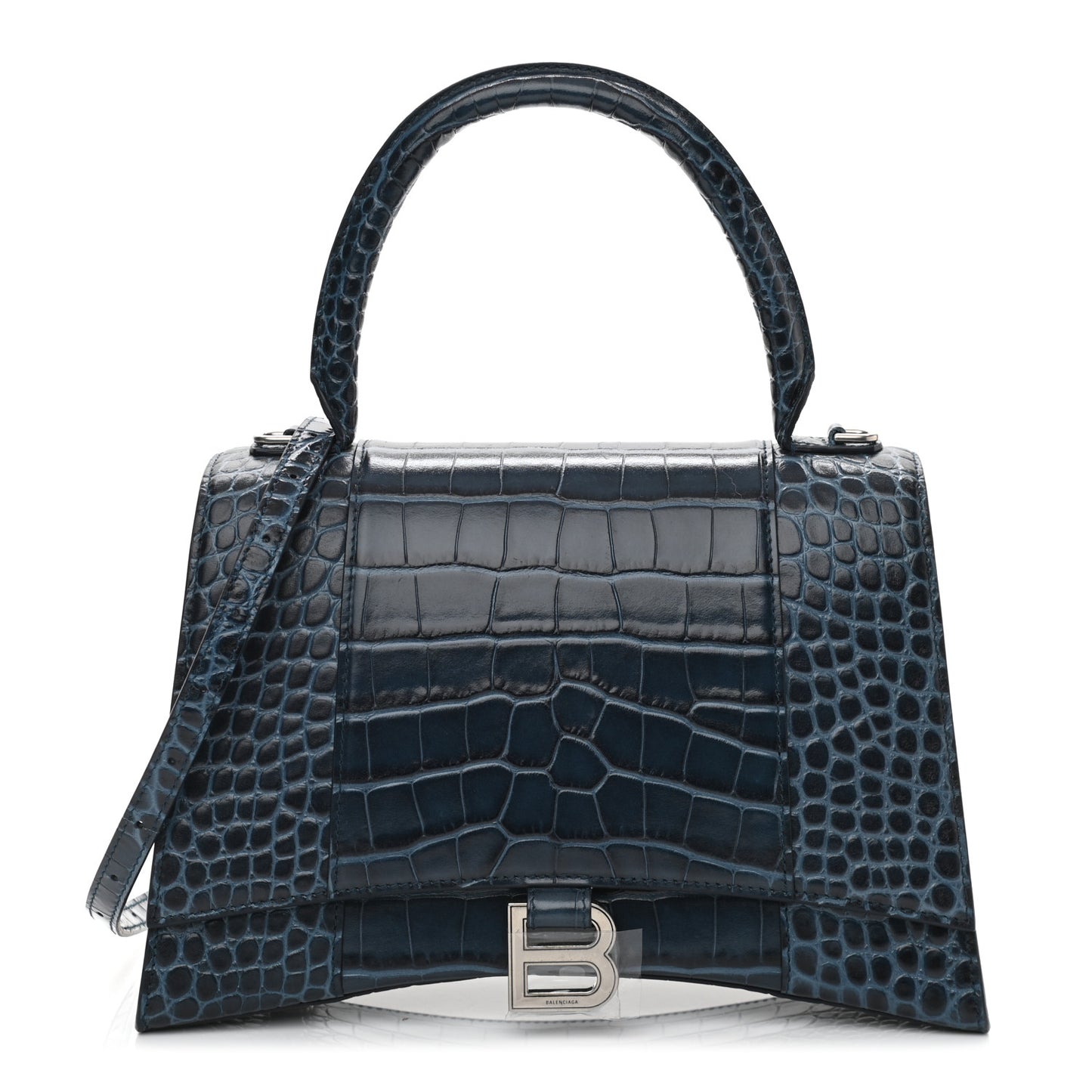 Shiny Calfskin Crocodile Embossed Medium Hourglass Top Handle Bag Denim Blue