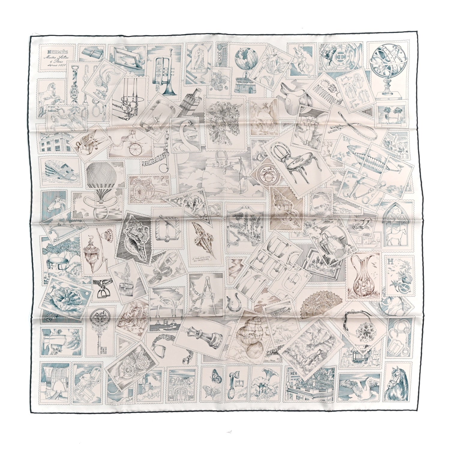 Hermes Silk Le Philateliste Du Faubourg Scarf 90 Rose Pale Gris White 1 of 4