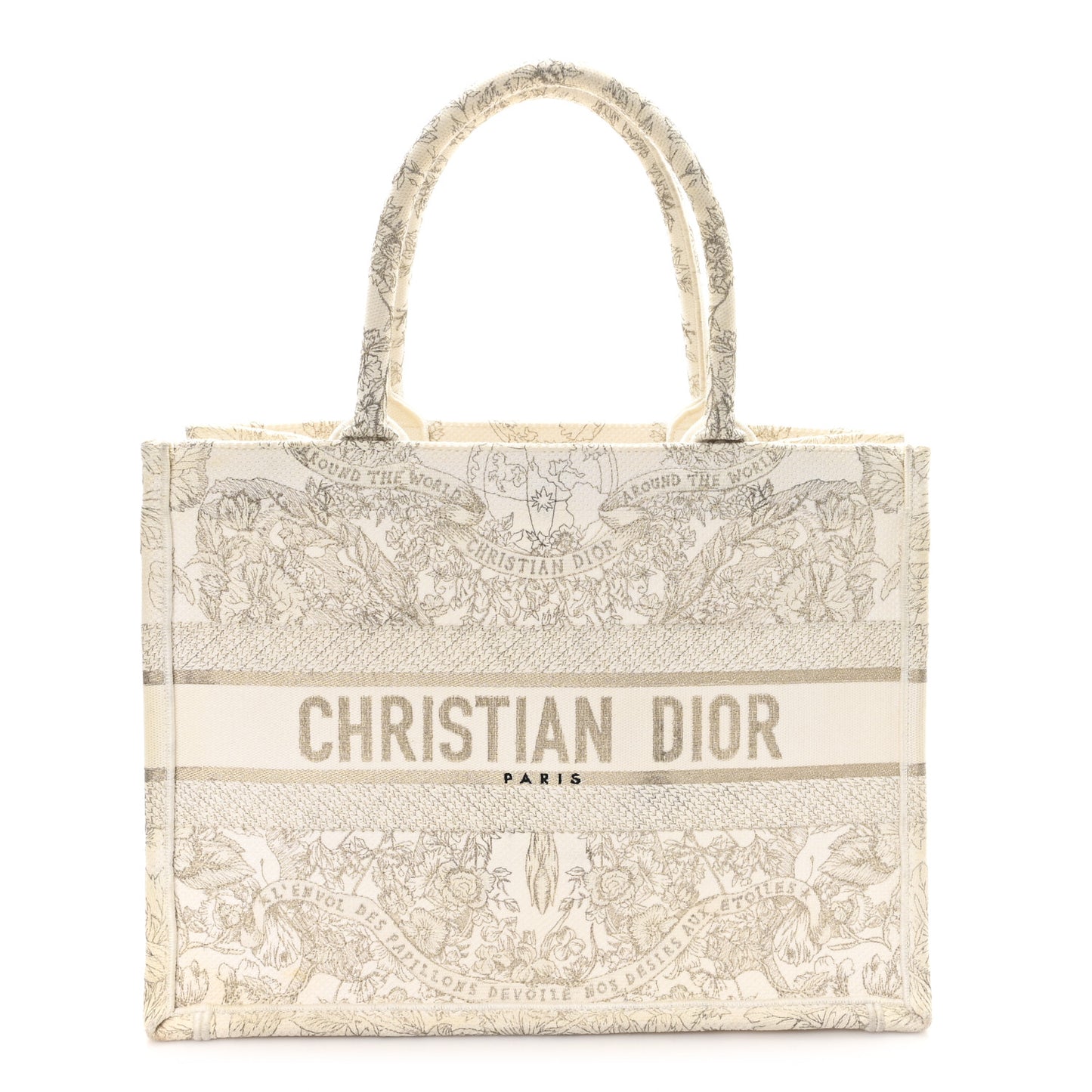 Canvas Embroidered Medium Jardin D'Hiver Book Tote White Gold