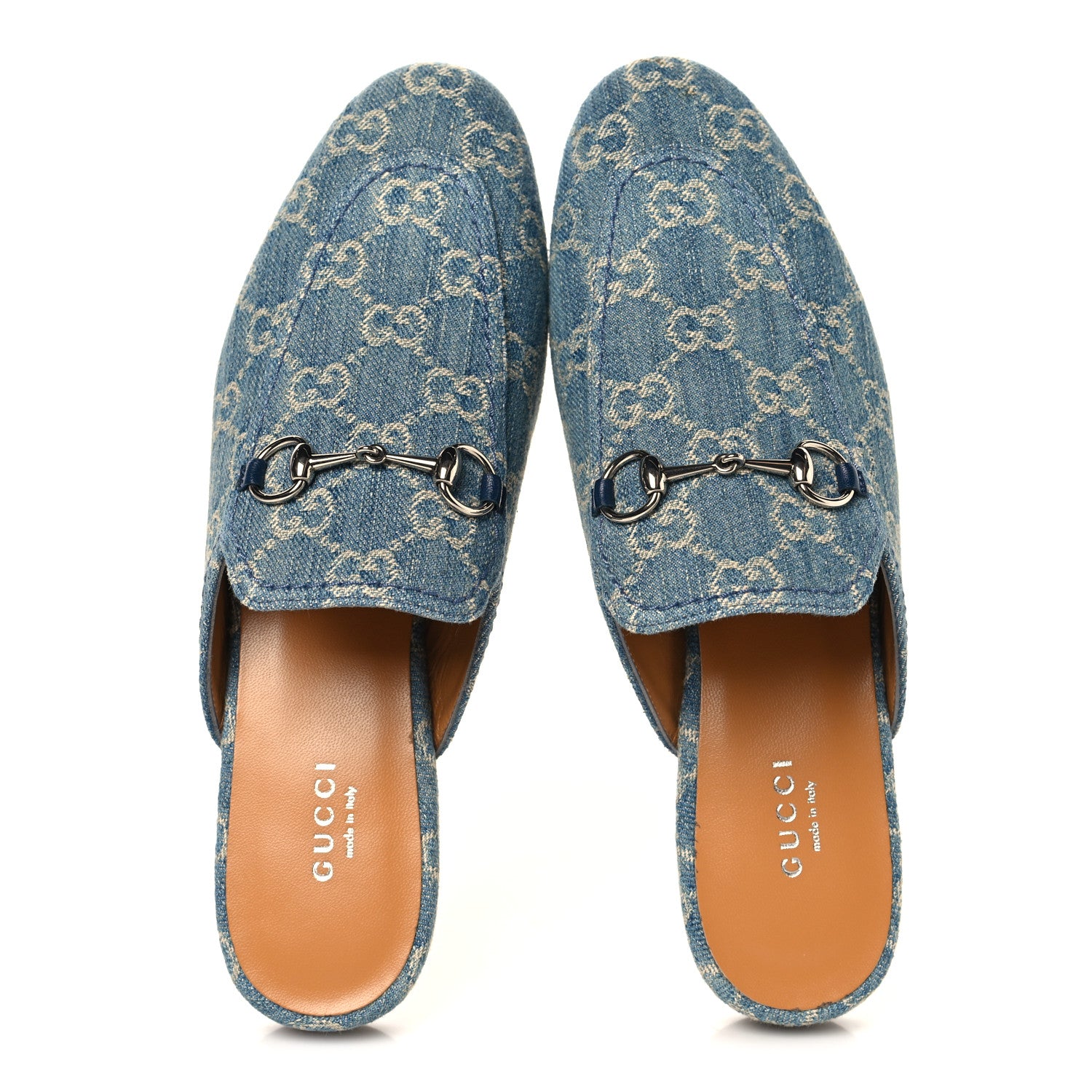 Gucci New Denim GG Malaga Kid Womens Princetown Slippers 38 Light Blue Royale 2 of 9