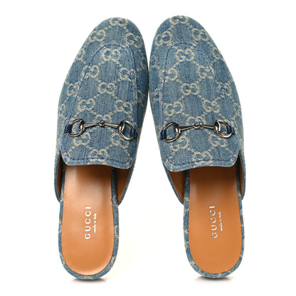 Gucci New Denim GG Malaga Kid Womens Princetown Slippers 38 Light Blue Royale 2 of 9
