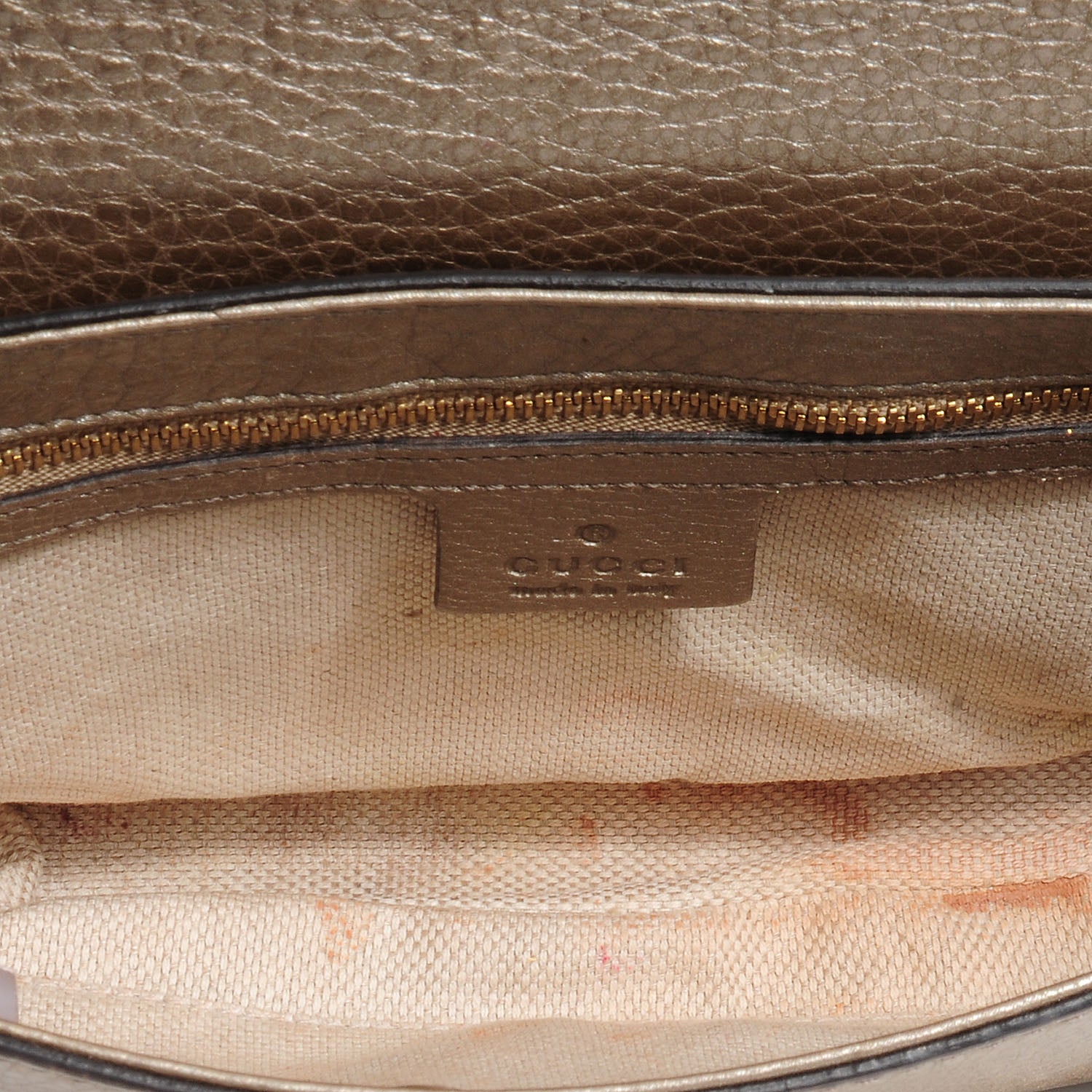 Gucci Metallic Pebbled Calfskin Medium Soho Flap Crossbody Golden Beige 7 of 10