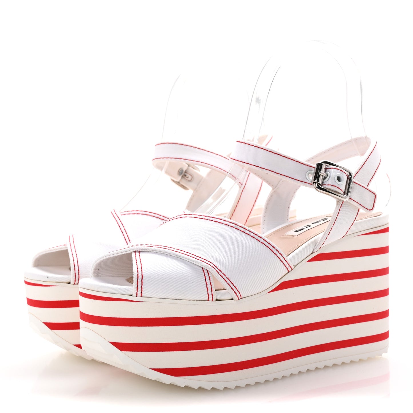 Gabardine Striped Platform Wedge Sandals 36 White Rosso