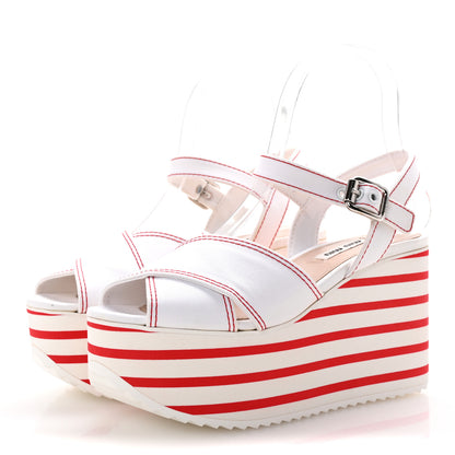 Miu Miu Gabardine Striped Platform Wedge Sandals 36 White Rosso 4 of 10