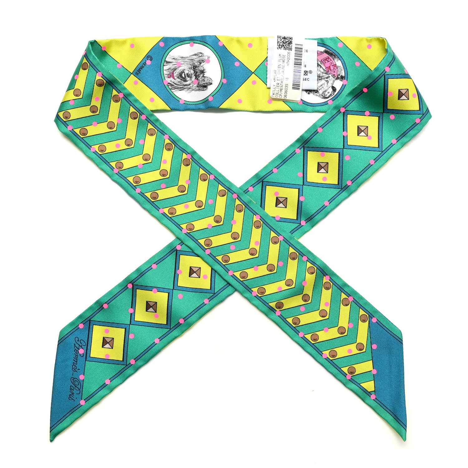 Hermes Silk Colliers Et Chiens Twilly Menthol Jaune Rose 1 of 4