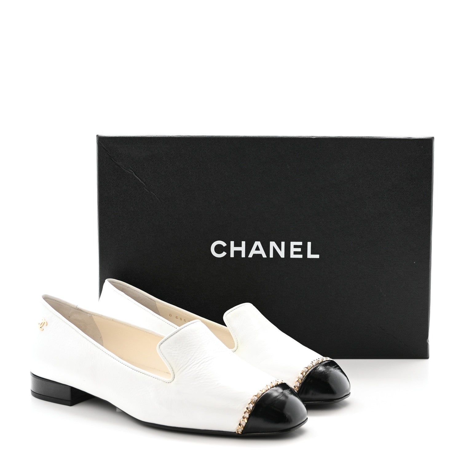 Chanel Patent Cap Toe Chain Moccasin Loafers 37 White Black 10 of 10