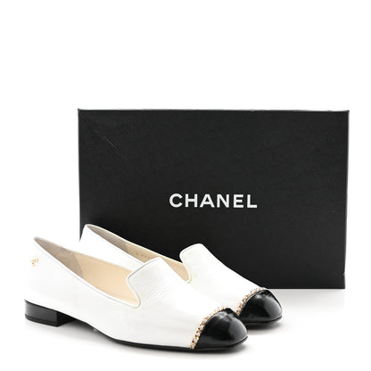 Chanel Patent Cap Toe Chain Moccasin Loafers 37 White Black 10 of 10