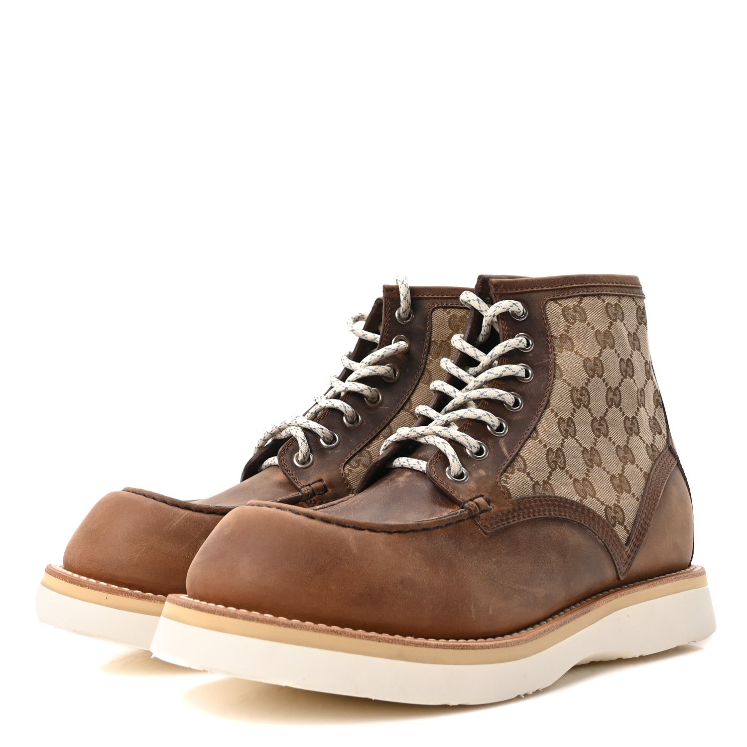 Gucci Garrett Calfskin Monogram Mens Ala Boots 12 Beige Ebony Cuir 4 of 9