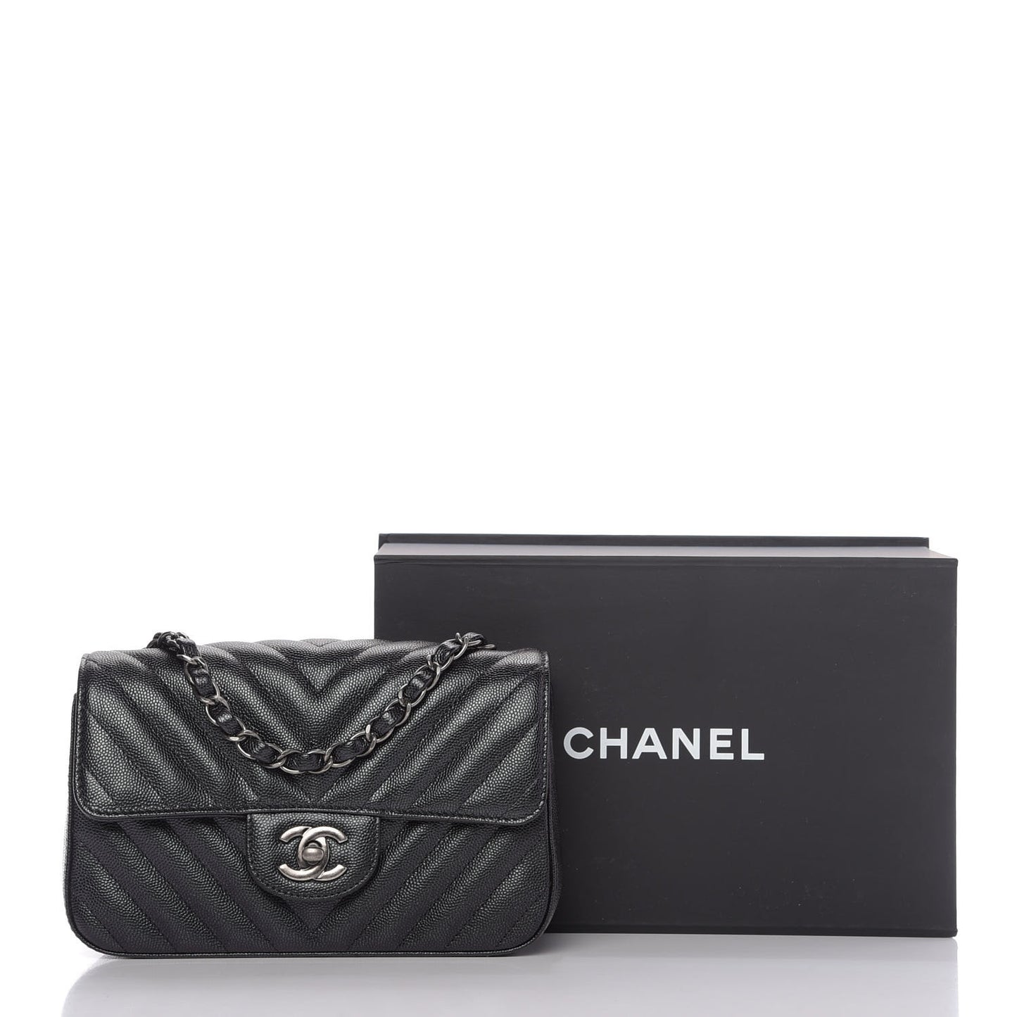 Iridescent Caviar Chevron Quilted Mini Rectangular Flap Black