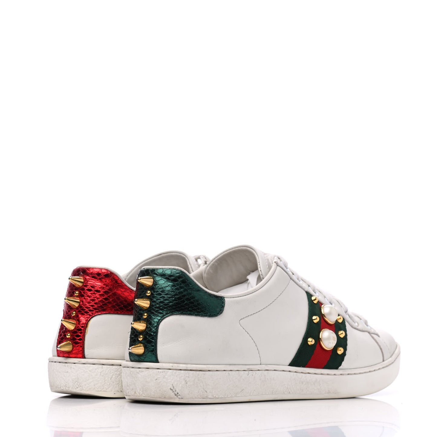 Calfskin Web Pearl Studded Womens Ace Sneakers 36.5 White
