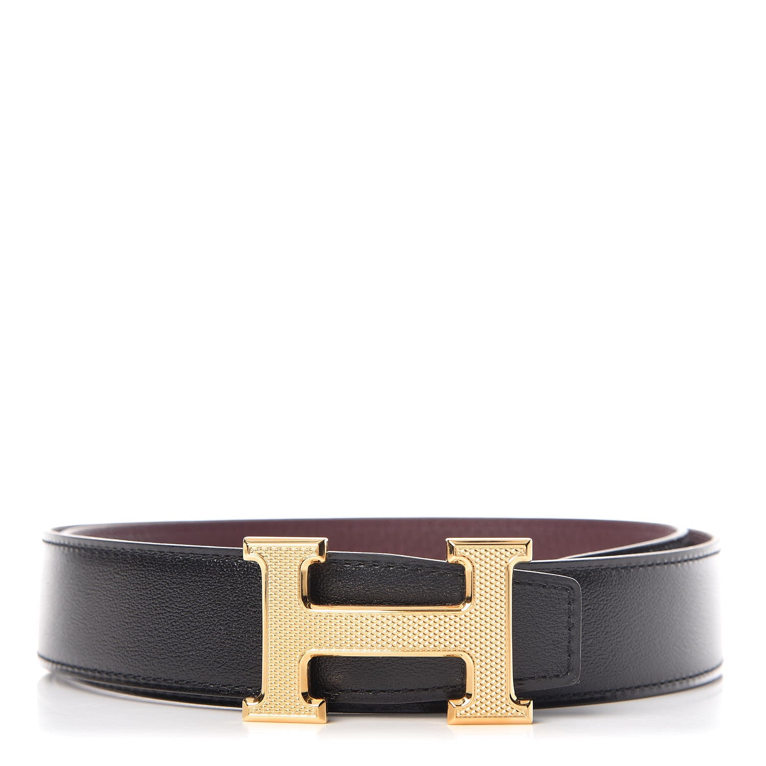 Hermes Box Togo 32mm Guilloche H Belt 85 Black Bordeaux 1 of 6