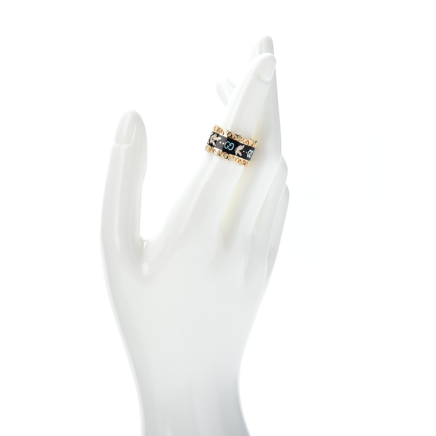 Gucci 18K Yellow Gold Enamel Wide Icon Blooms Ring Black 54 6.75 2 of 5