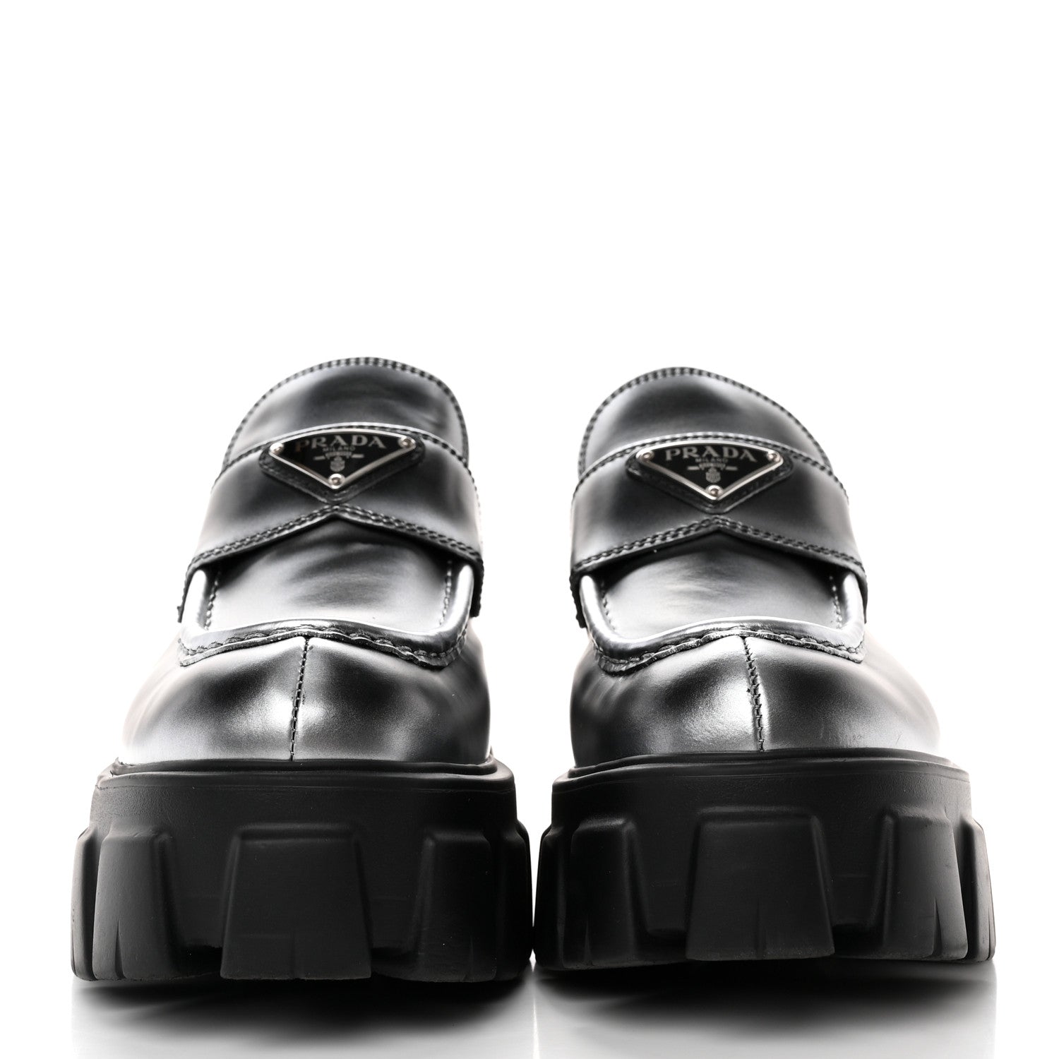 Prada Spazzolato Rois Sfumato Metal Triangle Logo Monolith 60mm Loafers 38 Black Argento 2 of 10