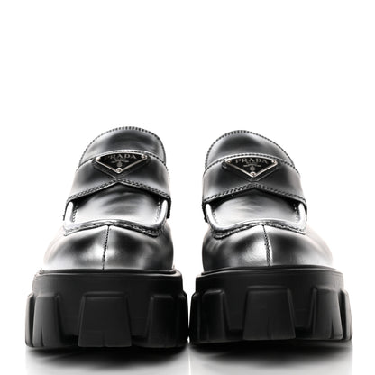 Prada Spazzolato Rois Sfumato Metal Triangle Logo Monolith 60mm Loafers 38 Black Argento 2 of 10