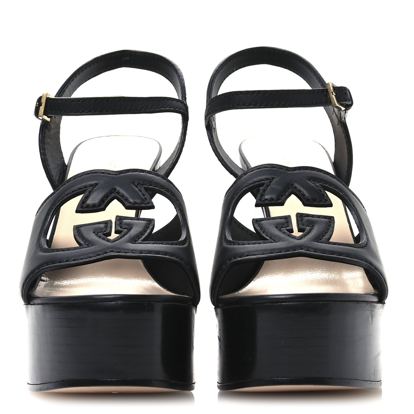Cosmos Softy Calfskin Wooden Interlocking G Cut-Out 30/120mm Platform Sandals 39.5 Black