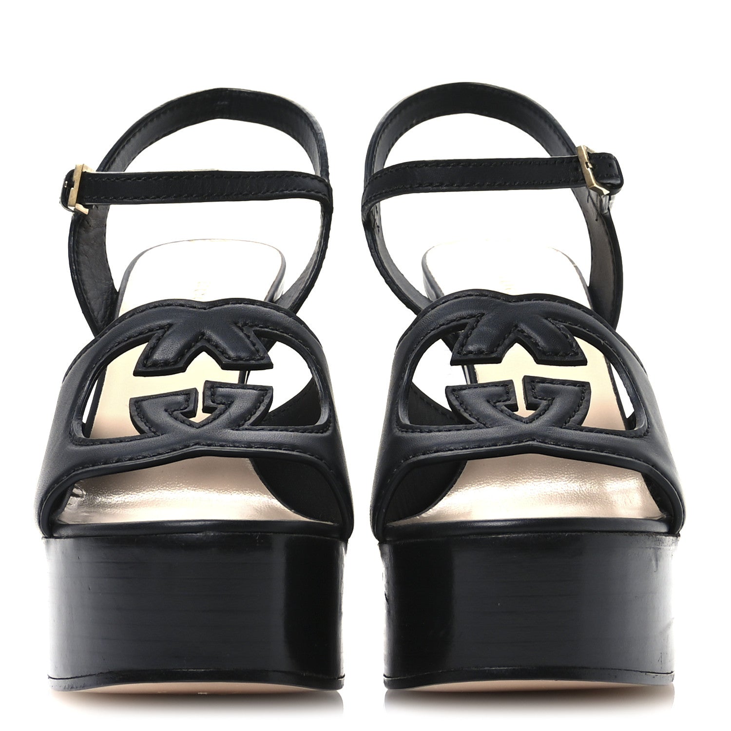 Gucci Cosmos Softy Calfskin Wooden Interlocking G Cut-Out 30/120mm Platform Sandals 39.5 Black 3 of 8