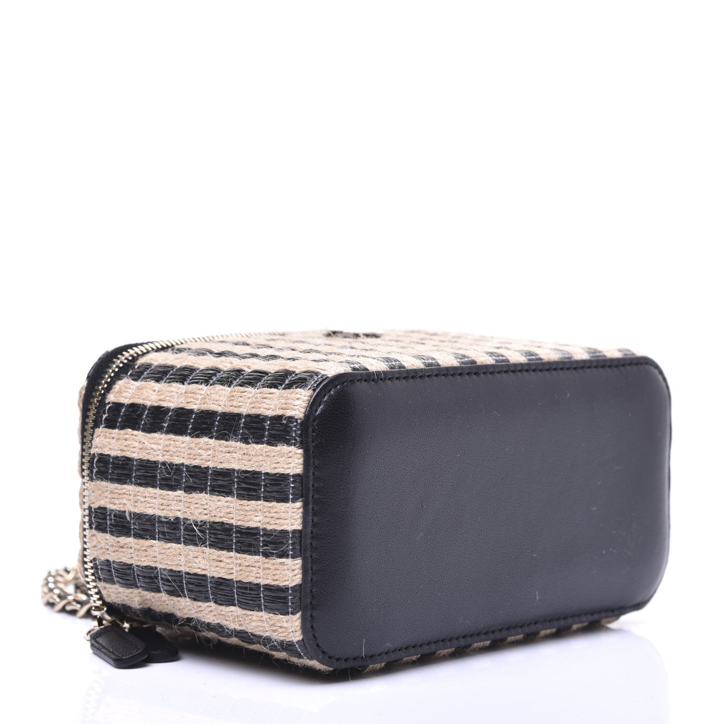 Raffia Jute Striped Small Vanity Case With Chain Black Beige