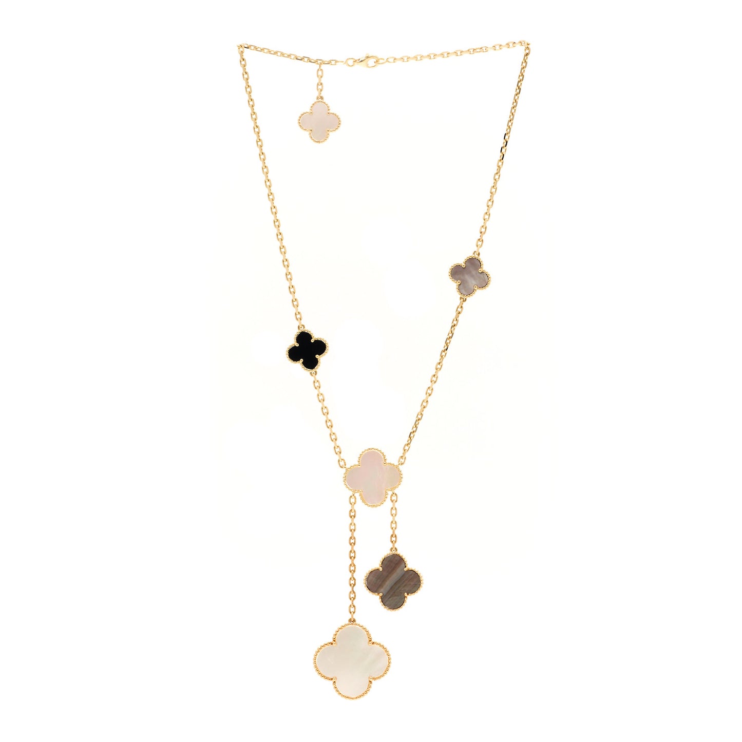 18K Yellow Gold Mother of Pearl Onyx 6 Motifs Magic Alhambra Necklace