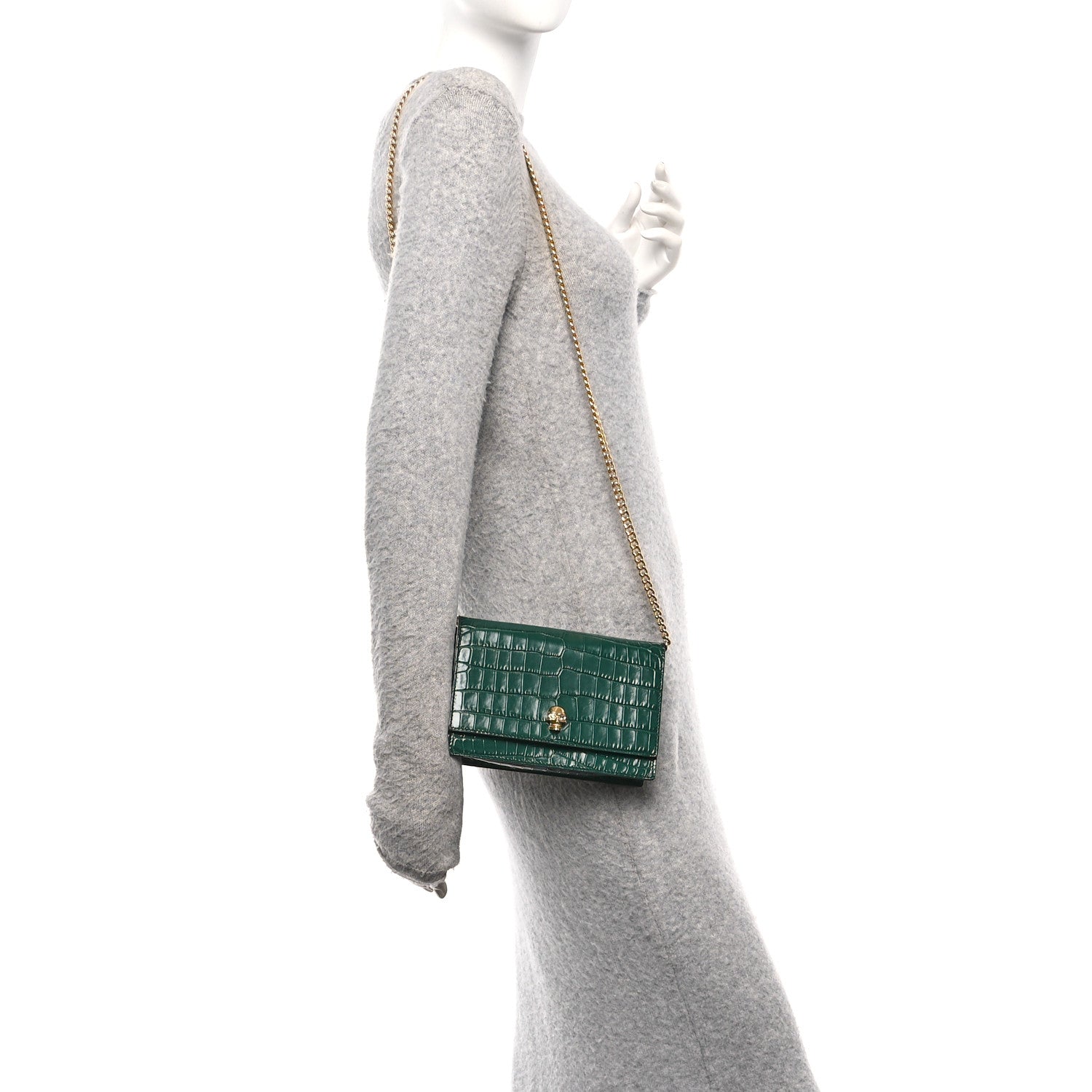 Alexander McQueen Calfskin Crocodile Embossed Skull Mini Crossbody Bag Green 2 of 9