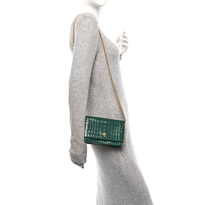Alexander McQueen Calfskin Crocodile Embossed Skull Mini Crossbody Bag Green 2 of 9