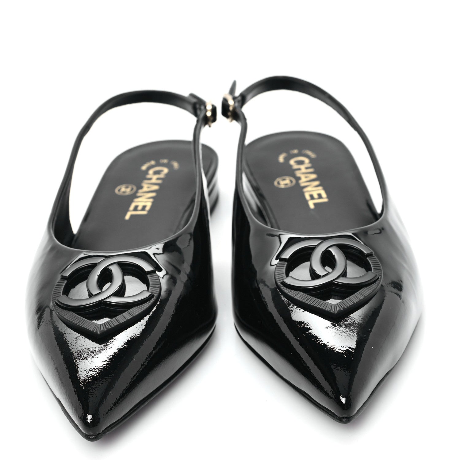 Chanel Patent Heart CC Slingback Flats 37.5 Black 3 of 9