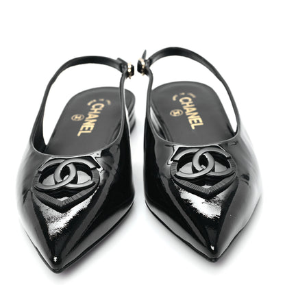 Chanel Patent Heart CC Slingback Flats 37.5 Black 3 of 9