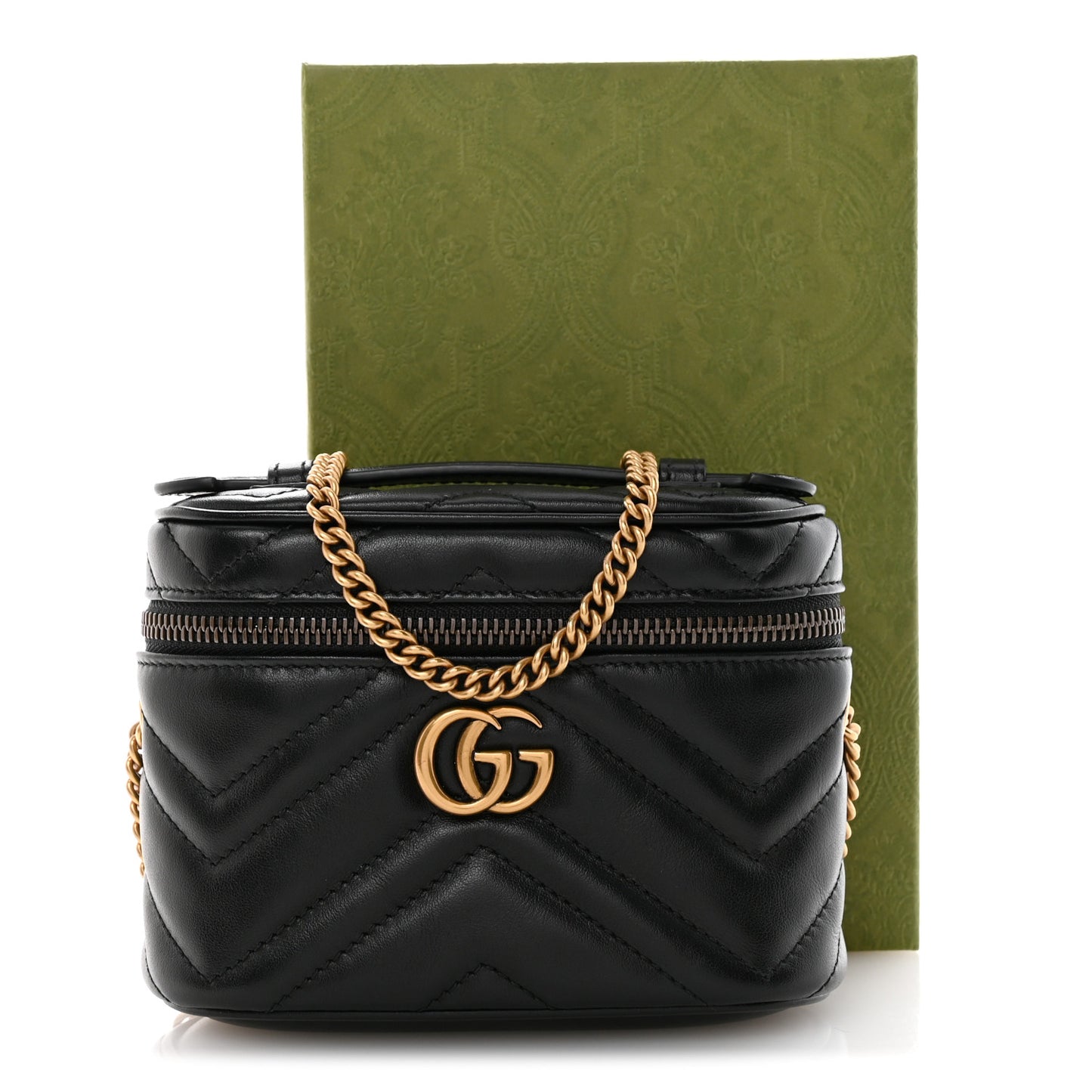 Calfskin Matelasse Chevron Mini GG Marmont Top Handle Bag Black