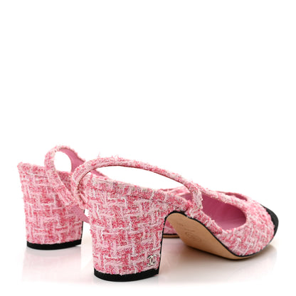 Chanel Tweed Grosgrain Cap Toe CC Slingback Pumps 40 Pink Black 5 of 10